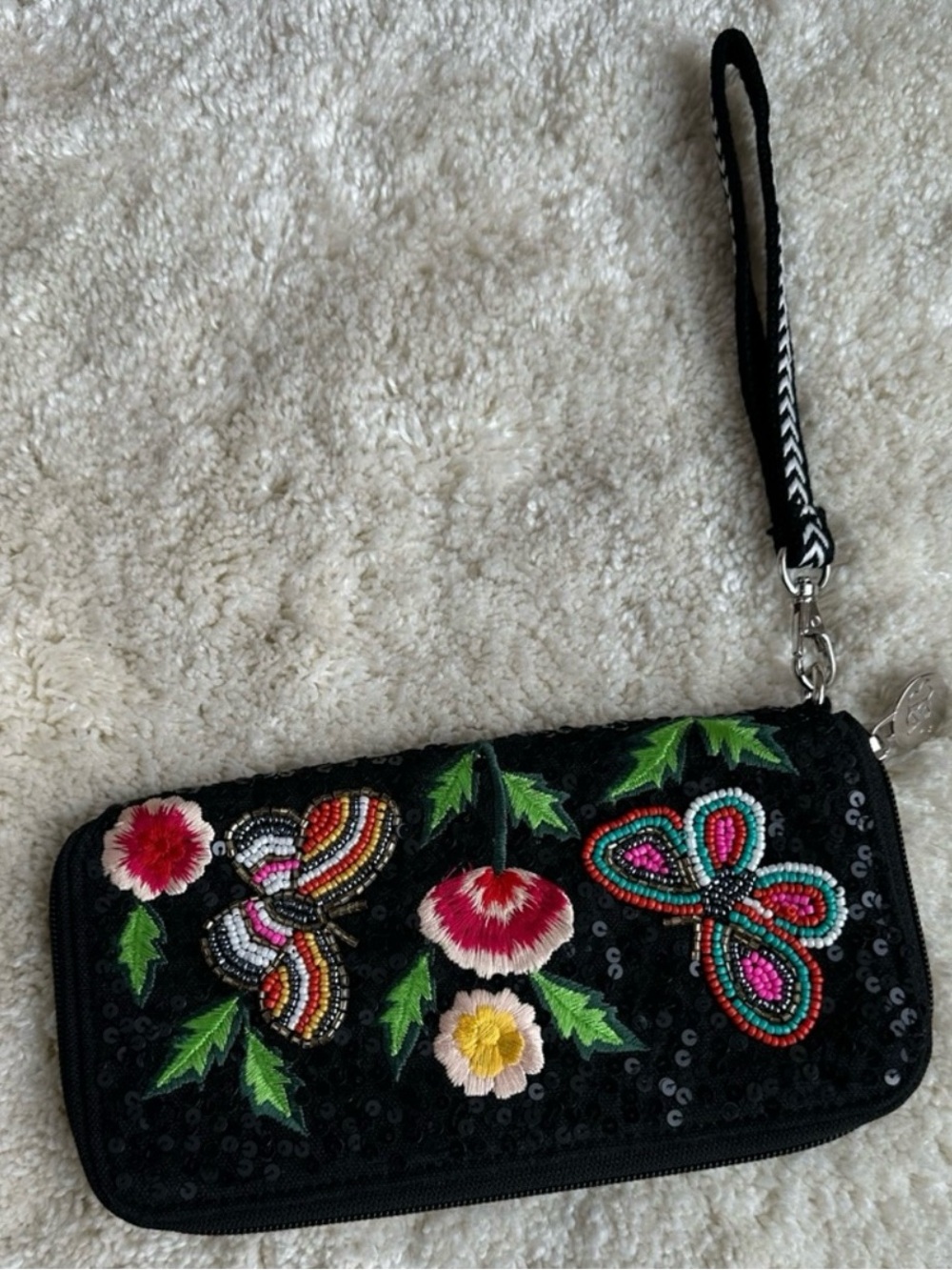 America & beyond black Sequin Wristlet Clutch Colorful Beaded Floral Embroidery
